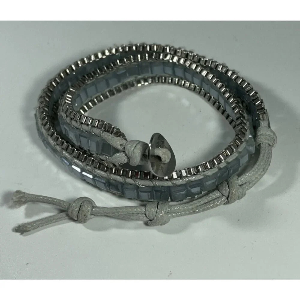 Katie Soleil Women Square Beaded 3 Wrap Bracelet Grey Cord Opaque Blue Silver - Picture 4 of 5